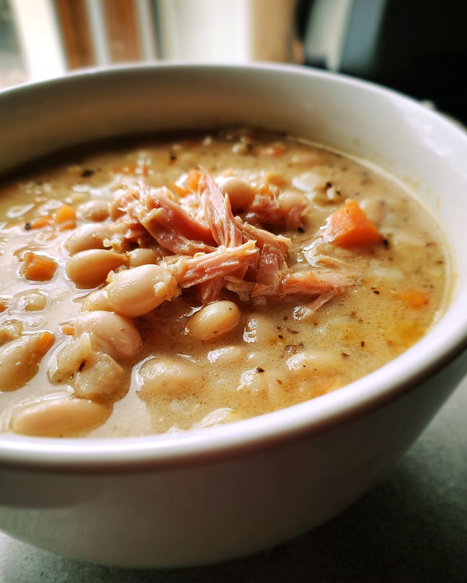 Close-up of a creamy bowl of navy bean soup topped with shredded ham or pork and diced carrots.