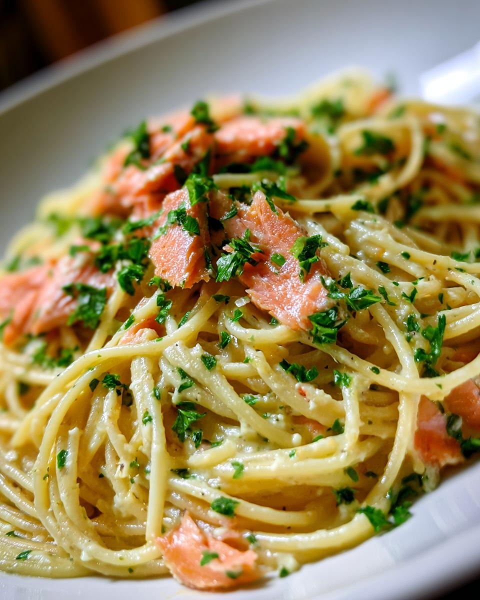 Close-up of creamy spaghetti tossed with flakes of smoked salmon and fresh parsley.