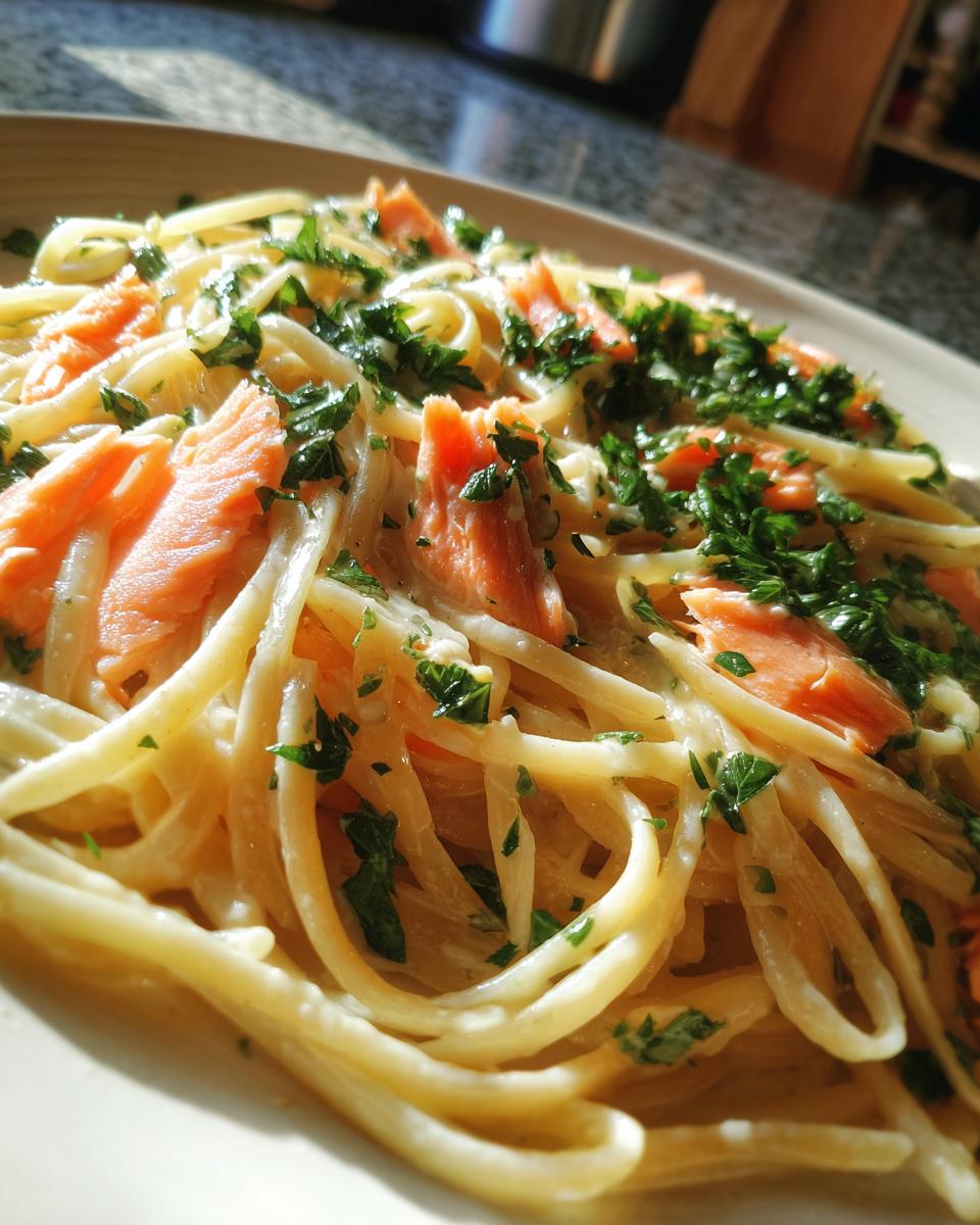Close-up of creamy pasta tossed with flakes of smoked salmon and fresh parsley garnish.