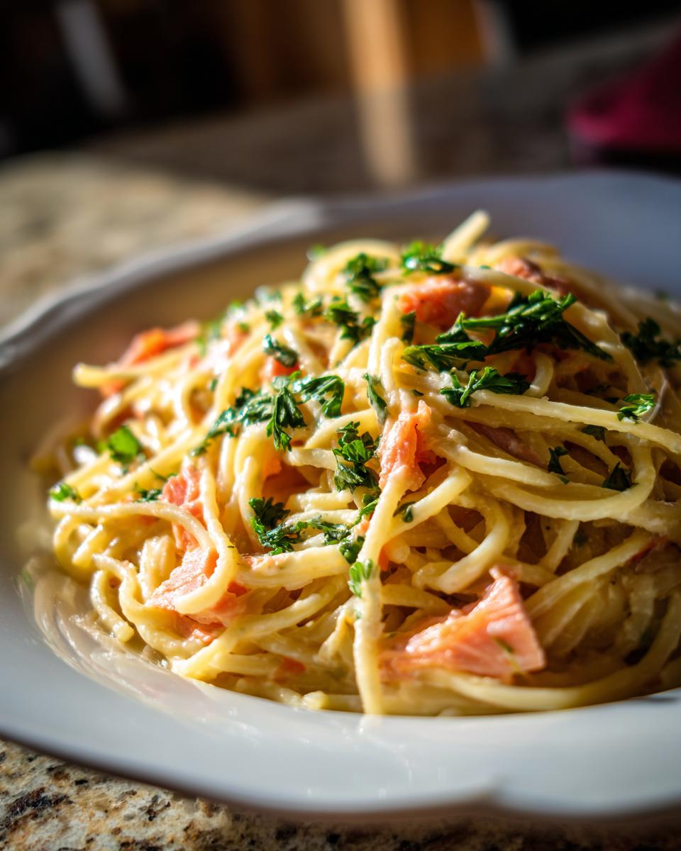Close-up of creamy pasta tossed with flakes of smoked salmon and topped with fresh parsley.