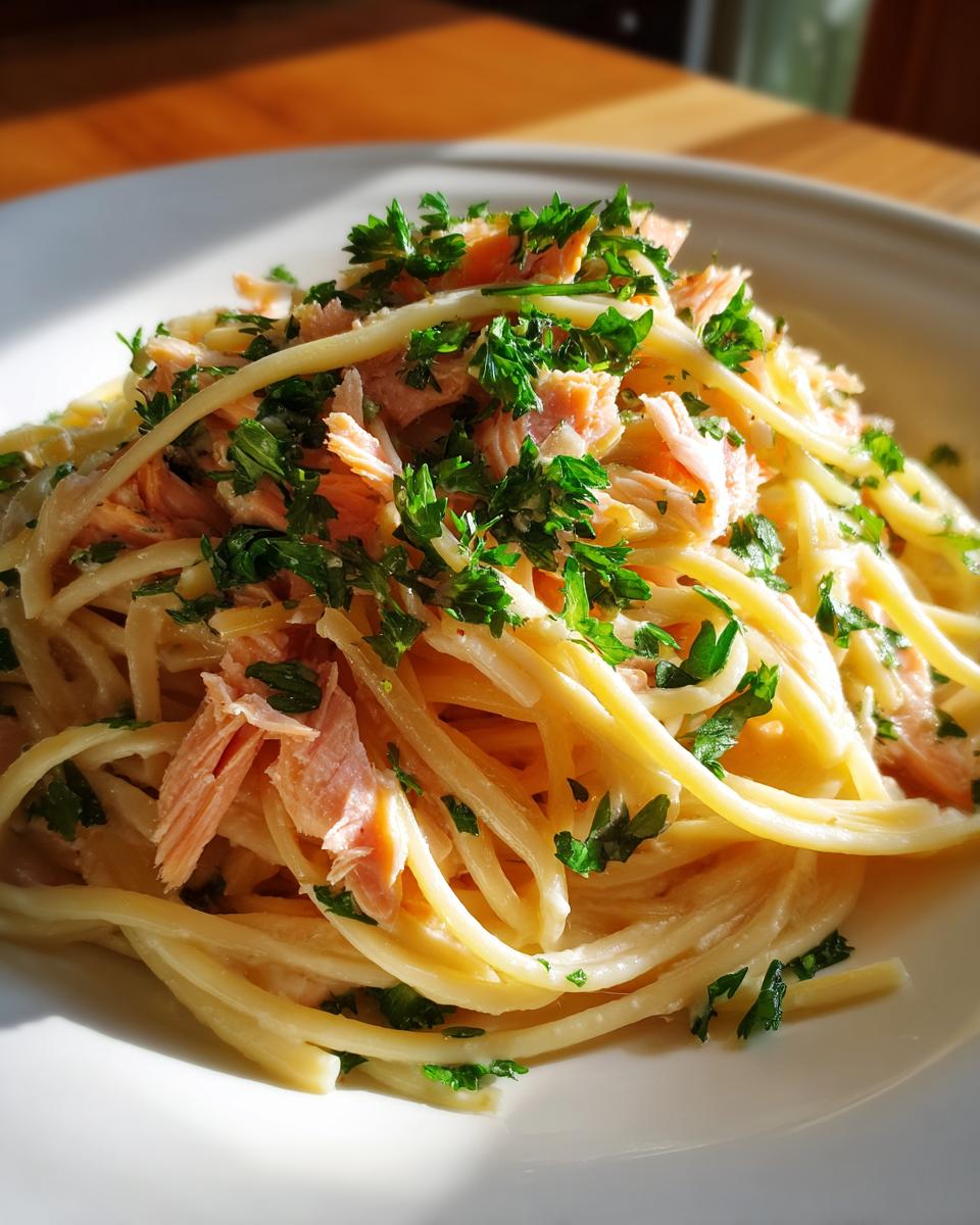 Close-up of creamy pasta tossed with flaked smoked salmon and fresh parsley garnish.