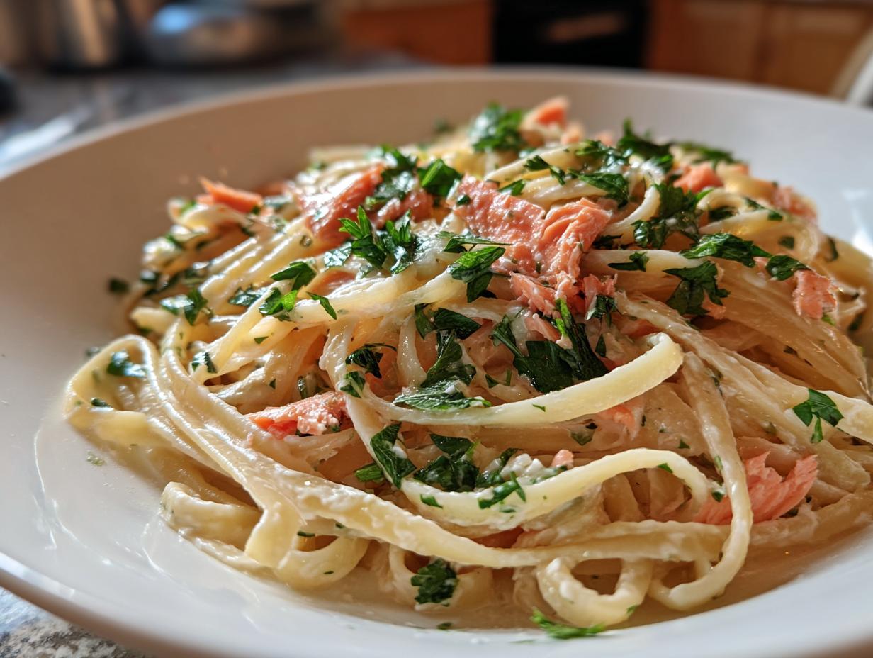 Close-up of creamy pasta tossed with pink flakes of smoked salmon and fresh chopped parsley.