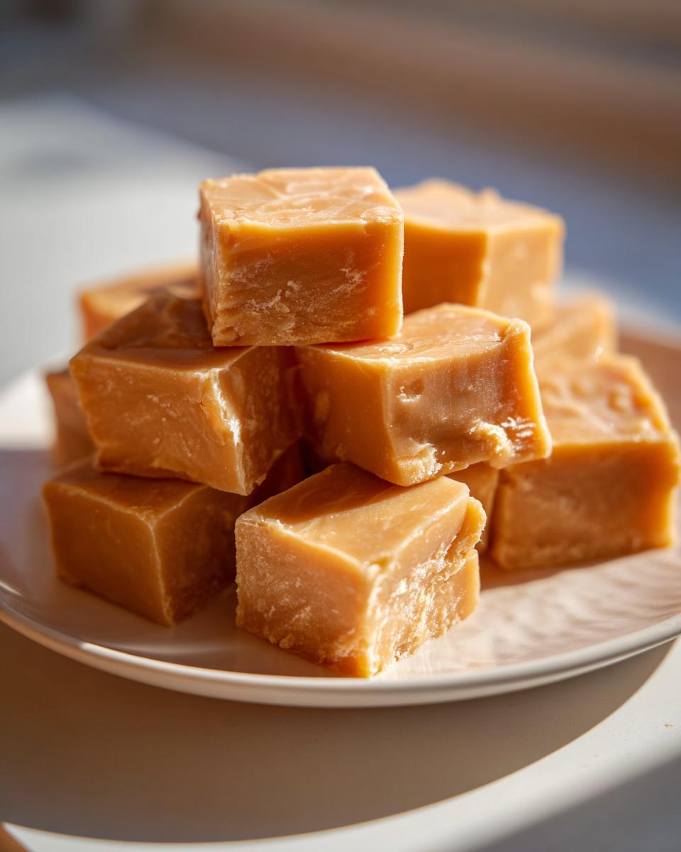 A close-up stack of rich, golden-brown peanut butter fudge squares resting on a white plate.