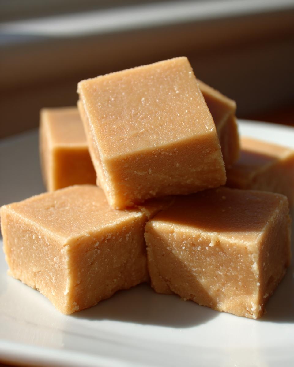 Close-up of several creamy, light brown squares of homemade peanut butter fudge stacked on a white plate.