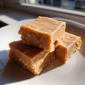 A stack of three squares of creamy, light brown peanut butter fudge resting on a white plate.