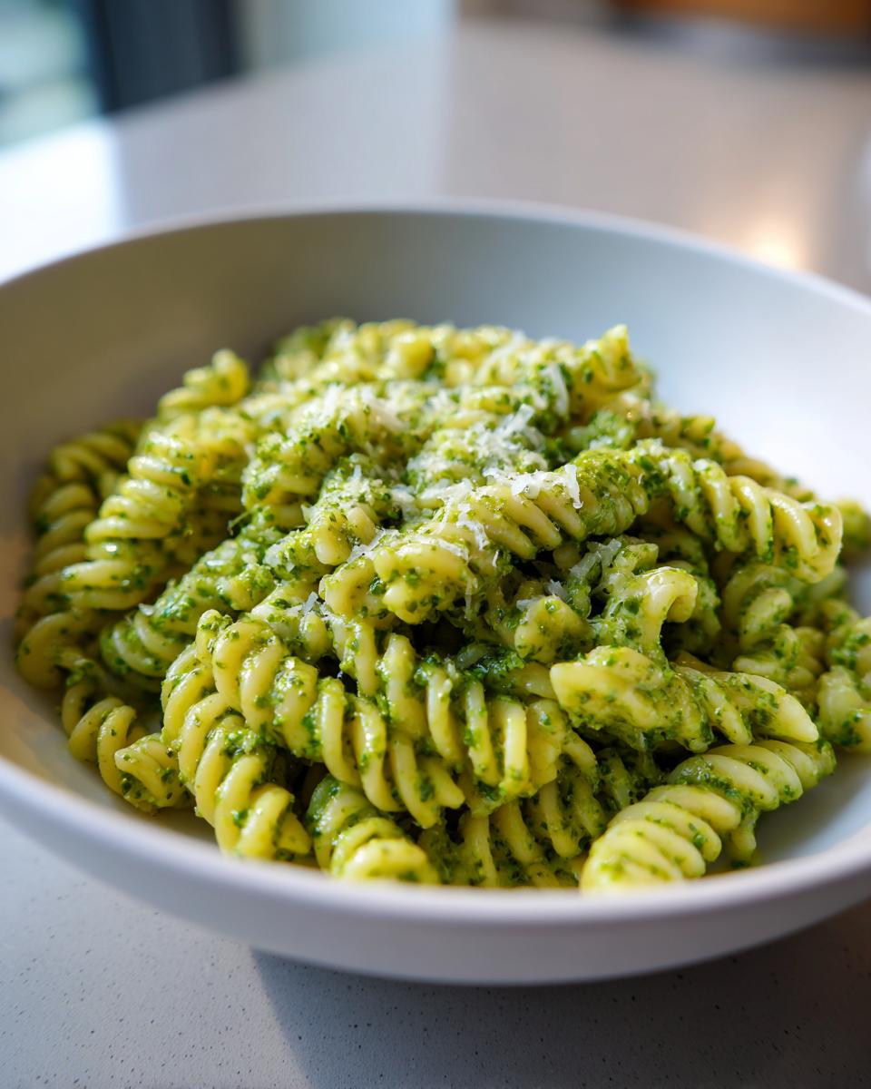 Close-up of creamy pesto pasta made with fusilli noodles, topped with grated cheese.