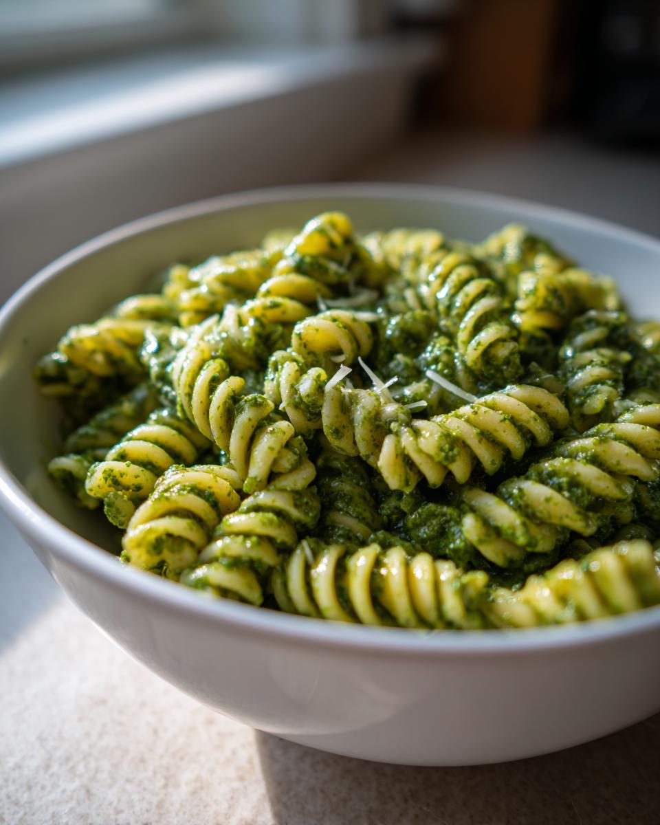 Close-up of creamy pesto pasta made with fusilli noodles, topped with grated cheese.