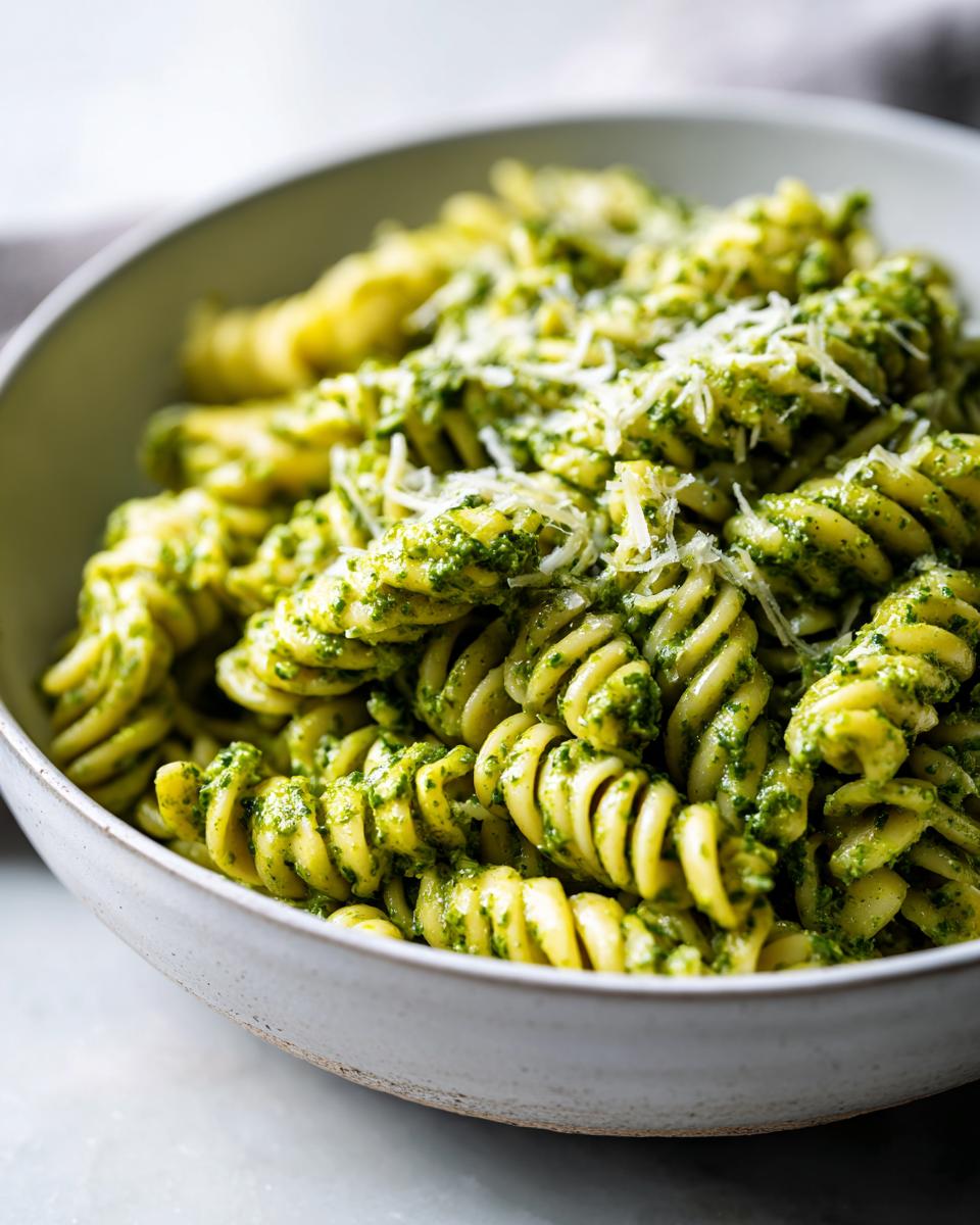 Close-up of creamy pesto pasta made with fusilli, topped with grated Parmesan cheese.