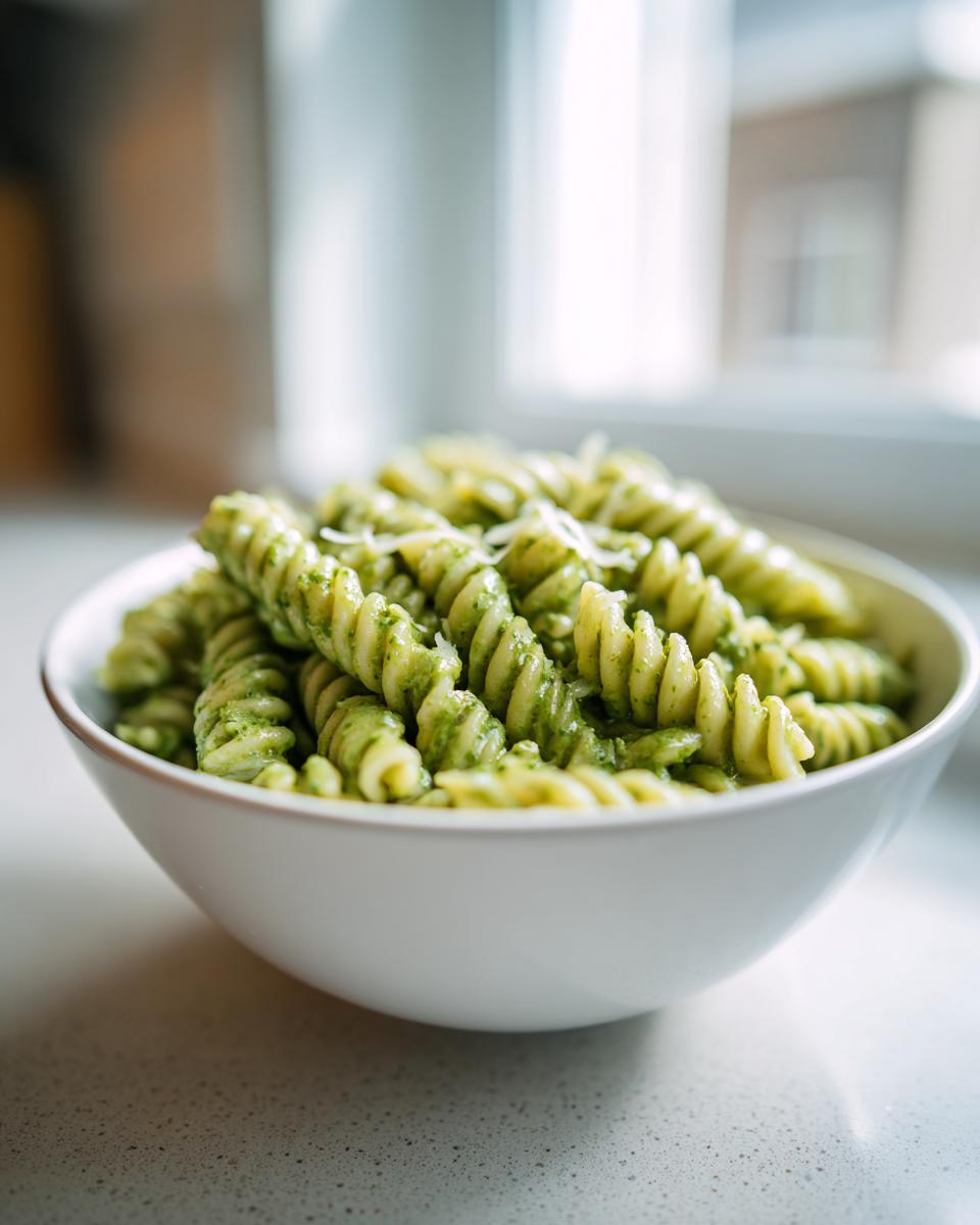 A close-up of creamy pesto pasta made with fusilli noodles, served in a white bowl.