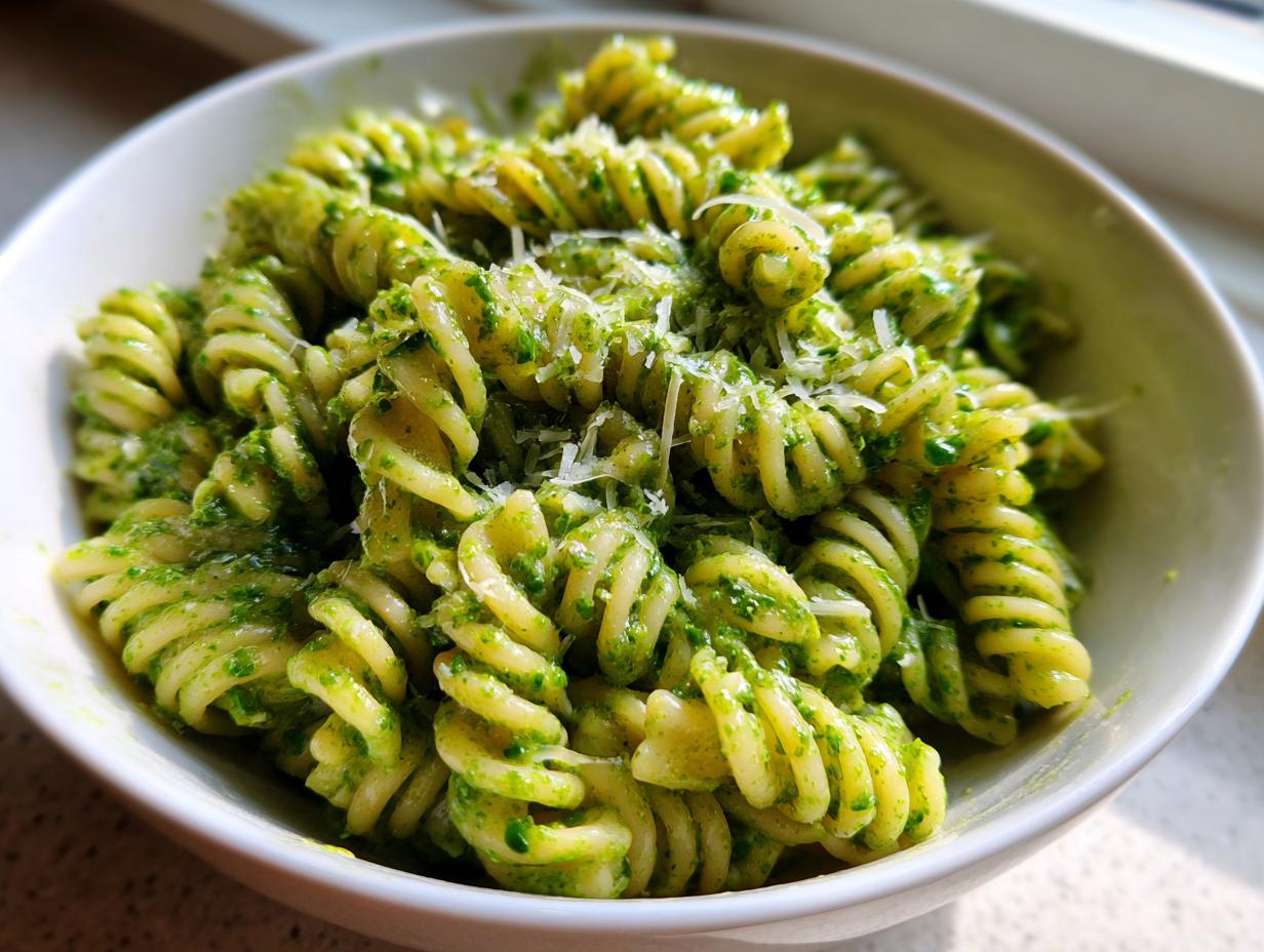 Close-up of creamy pesto pasta made with fusilli noodles, topped with grated cheese.