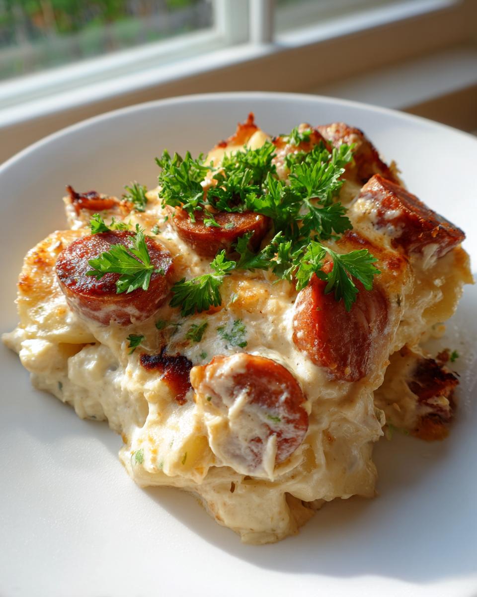 A close-up serving of creamy pierogi casserole topped with slices of browned sausage and fresh parsley.