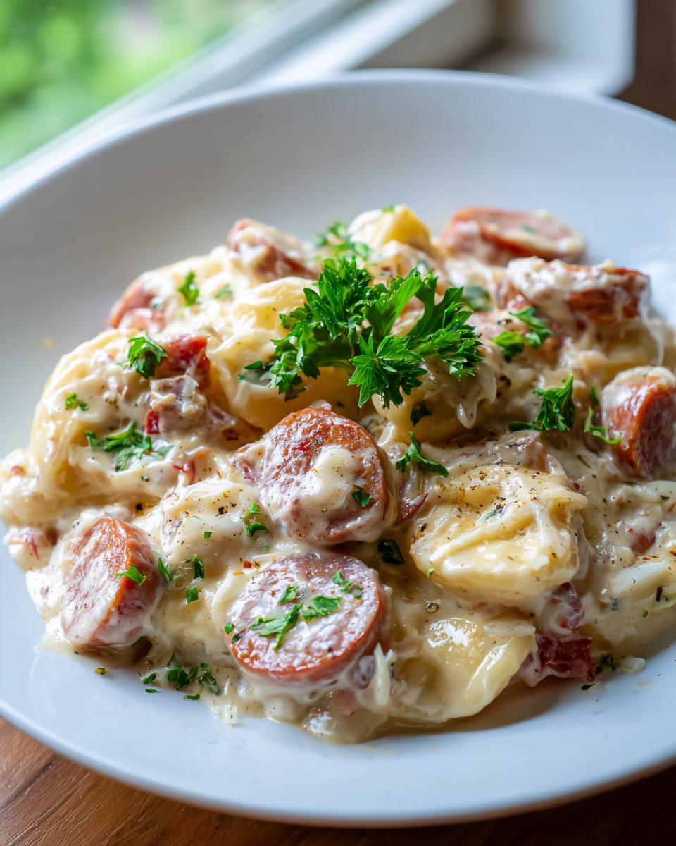 A close-up of a serving of creamy pierogi casserole mixed with smoked sausage slices and topped with fresh parsley.
