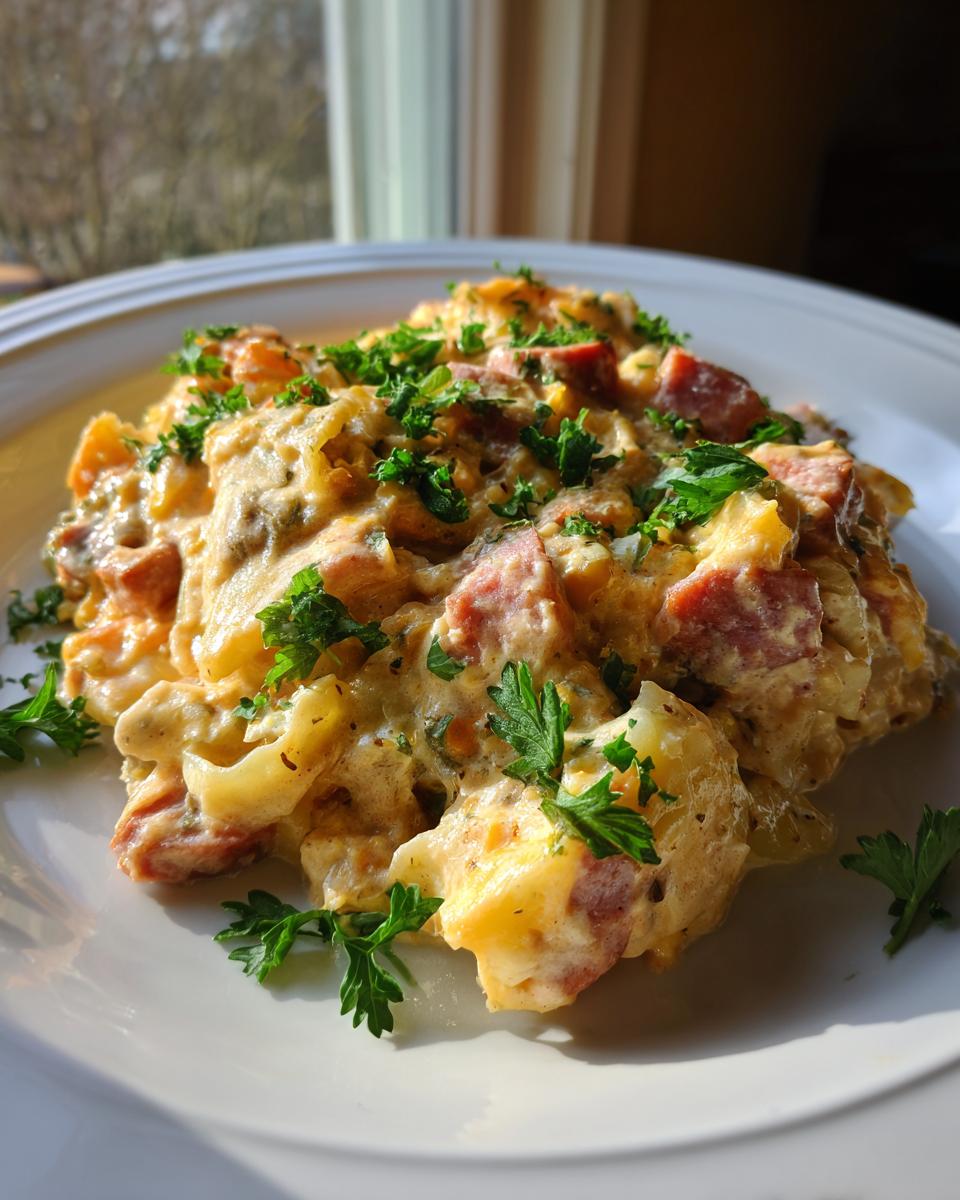 A close-up serving of creamy pierogi casserole mixed with sausage pieces and topped with fresh parsley.