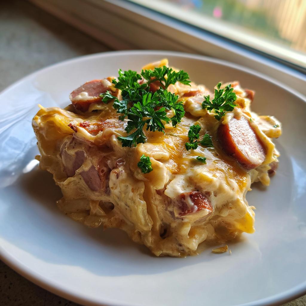 A generous serving of creamy pierogi casserole topped with melted cheese, sliced sausage, and fresh parsley.