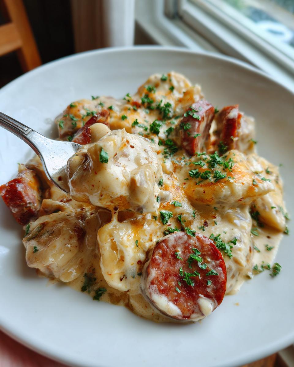 A spoonful of creamy pierogi casserole topped with sliced sausage and fresh parsley.