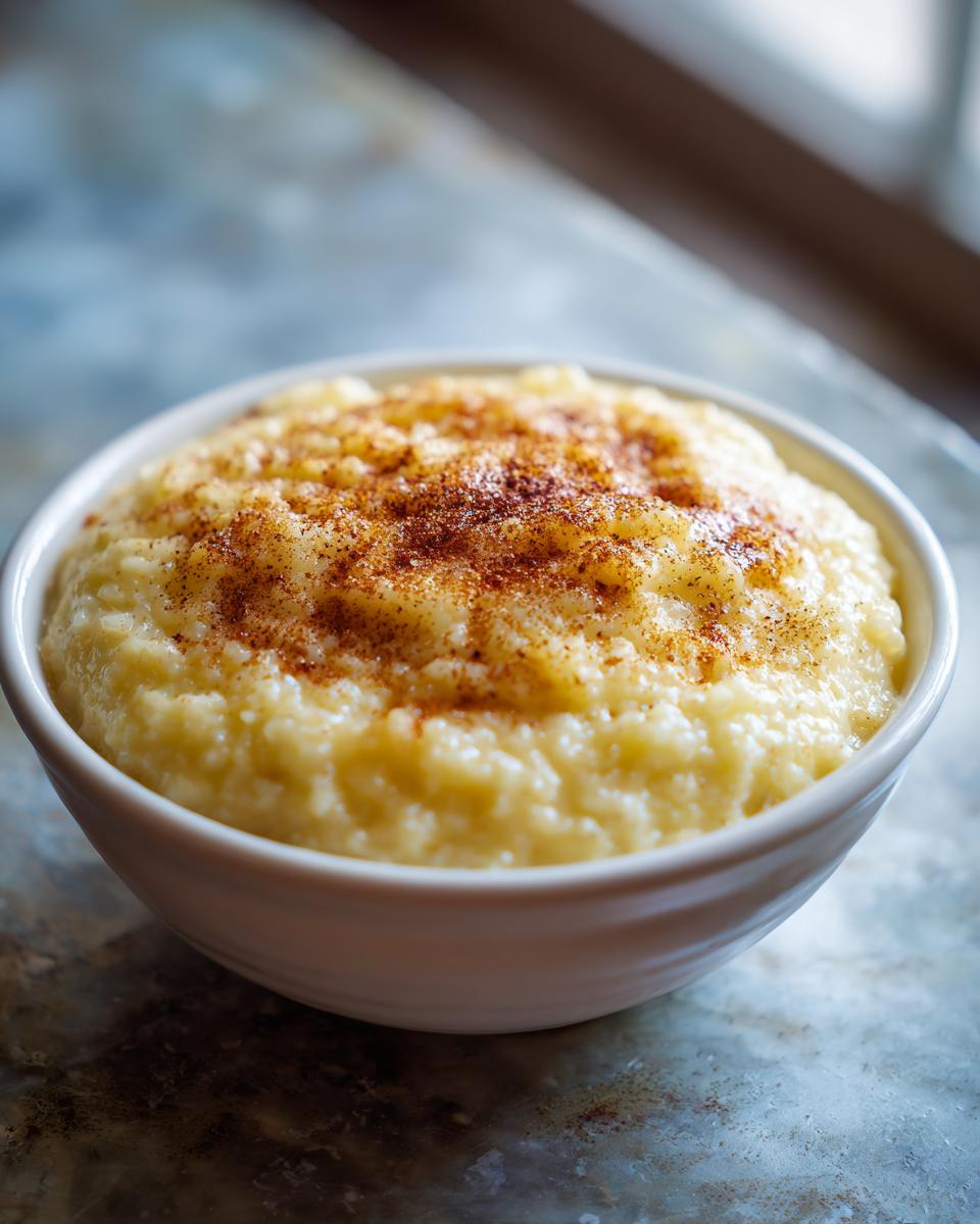 Close-up of a white bowl filled with creamy rice pudding recipe, dusted generously with cinnamon.