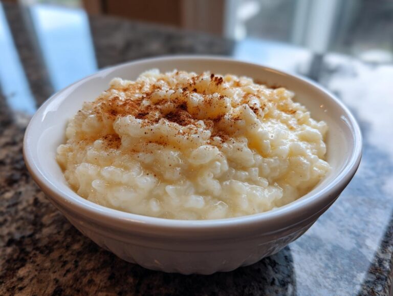 A close-up of a white bowl filled with creamy rice pudding recipe, generously sprinkled with ground cinnamon.