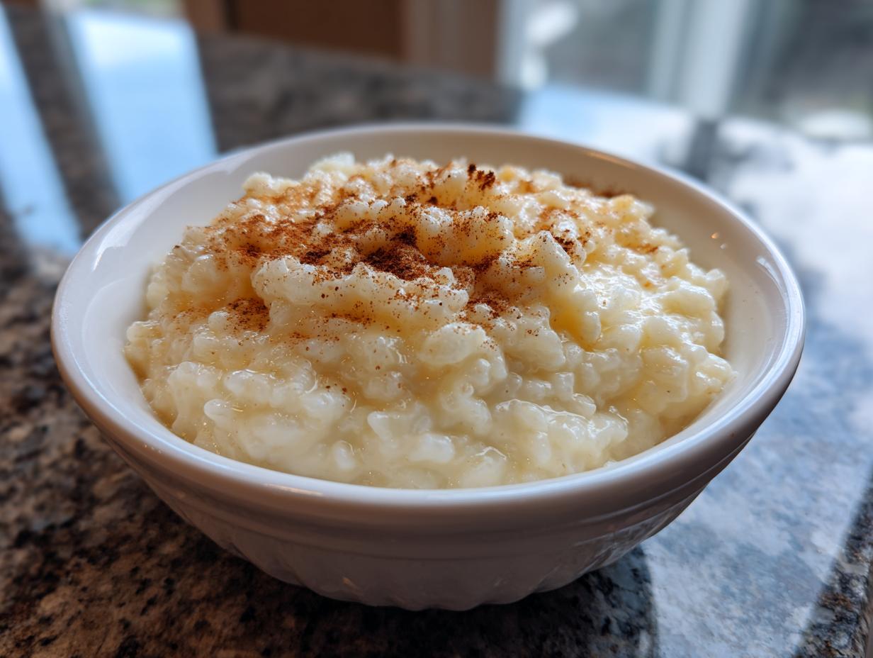 A close-up of a white bowl filled with creamy rice pudding recipe, generously sprinkled with ground cinnamon.