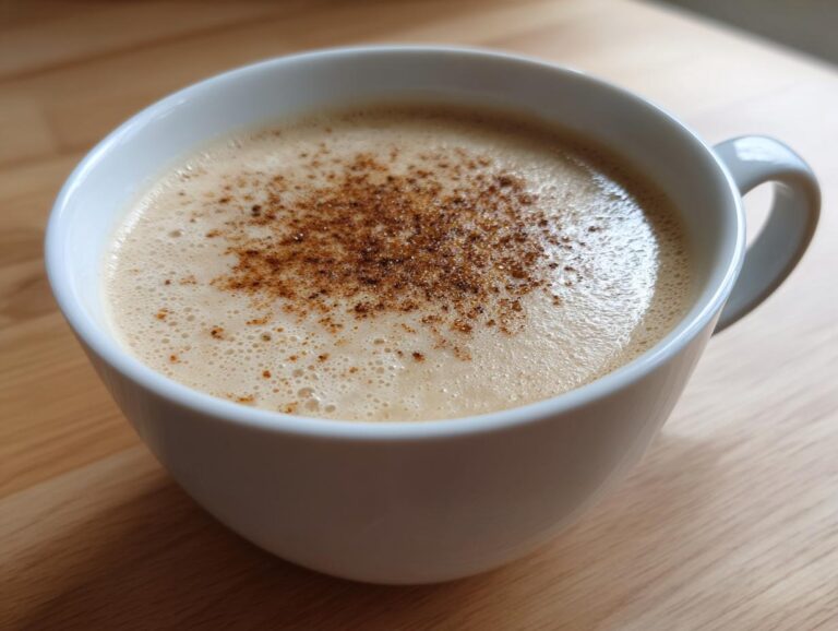 Close-up of a white mug filled with creamy roasted cauliflower soup, topped with a sprinkle of spice.