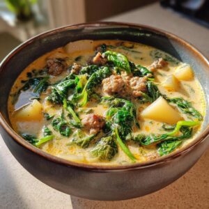Close-up of a hearty bowl of creamy sausage potato soup featuring chunks of sausage, potatoes, and wilted spinach.