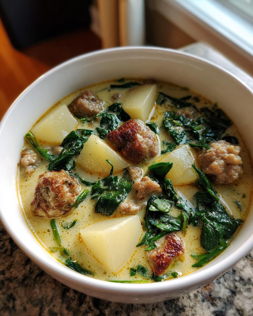 Close-up of a creamy sausage potato soup featuring chunks of potato, browned sausage pieces, and wilted spinach in a white bowl.