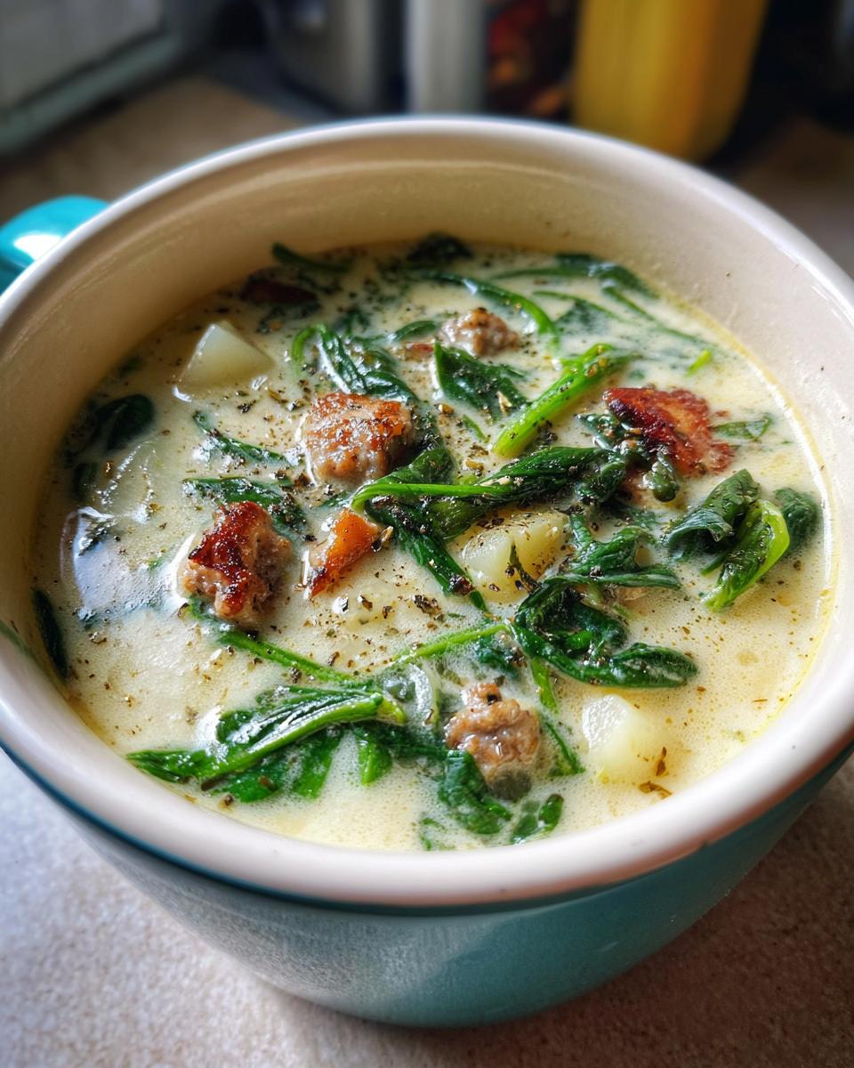 Close-up of a bowl of creamy sausage potato soup with chunks of sausage, potatoes, and wilted spinach.