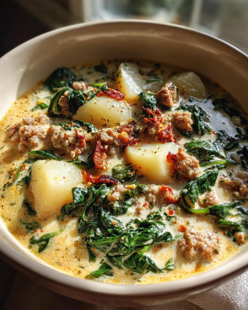 Close-up of a creamy sausage potato soup featuring chunks of potato, crumbled sausage, and dark green spinach.