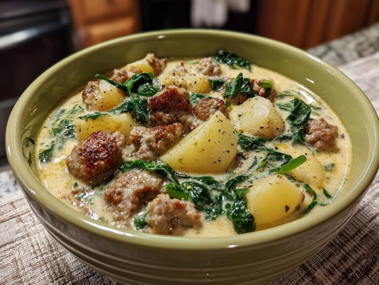 Close-up of creamy sausage potato soup with chunks of potato and wilted spinach in a light green bowl.