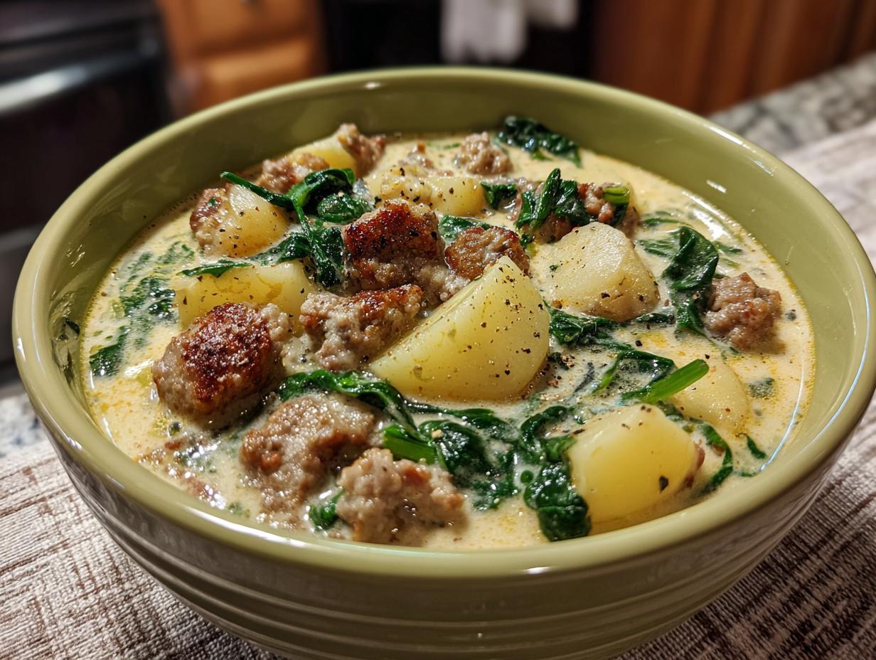 Close-up of creamy sausage potato soup with chunks of potato and wilted spinach in a light green bowl.