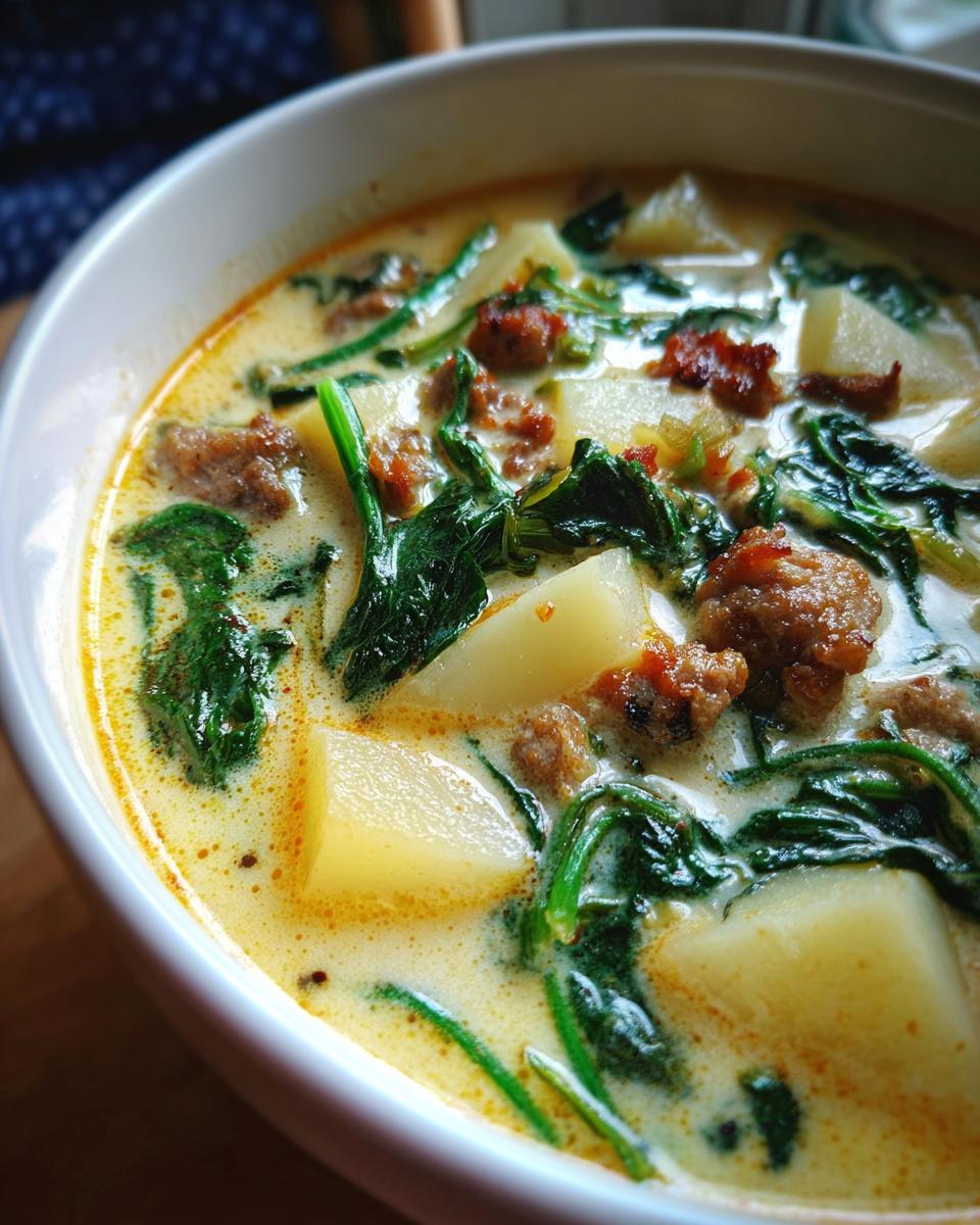 Close-up of a creamy sausage potato soup featuring chunks of potato, browned sausage, and wilted spinach in a white bowl.