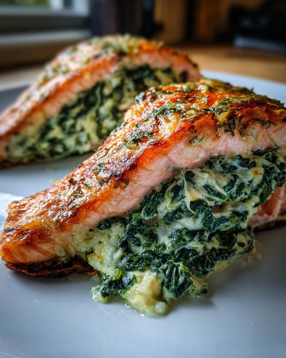 Close-up of a perfectly cooked stuffed salmon fillet overflowing with creamy spinach filling.