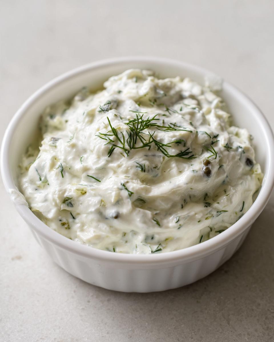 Close-up of creamy homemade tartar sauce in a white ramekin, garnished with fresh dill.