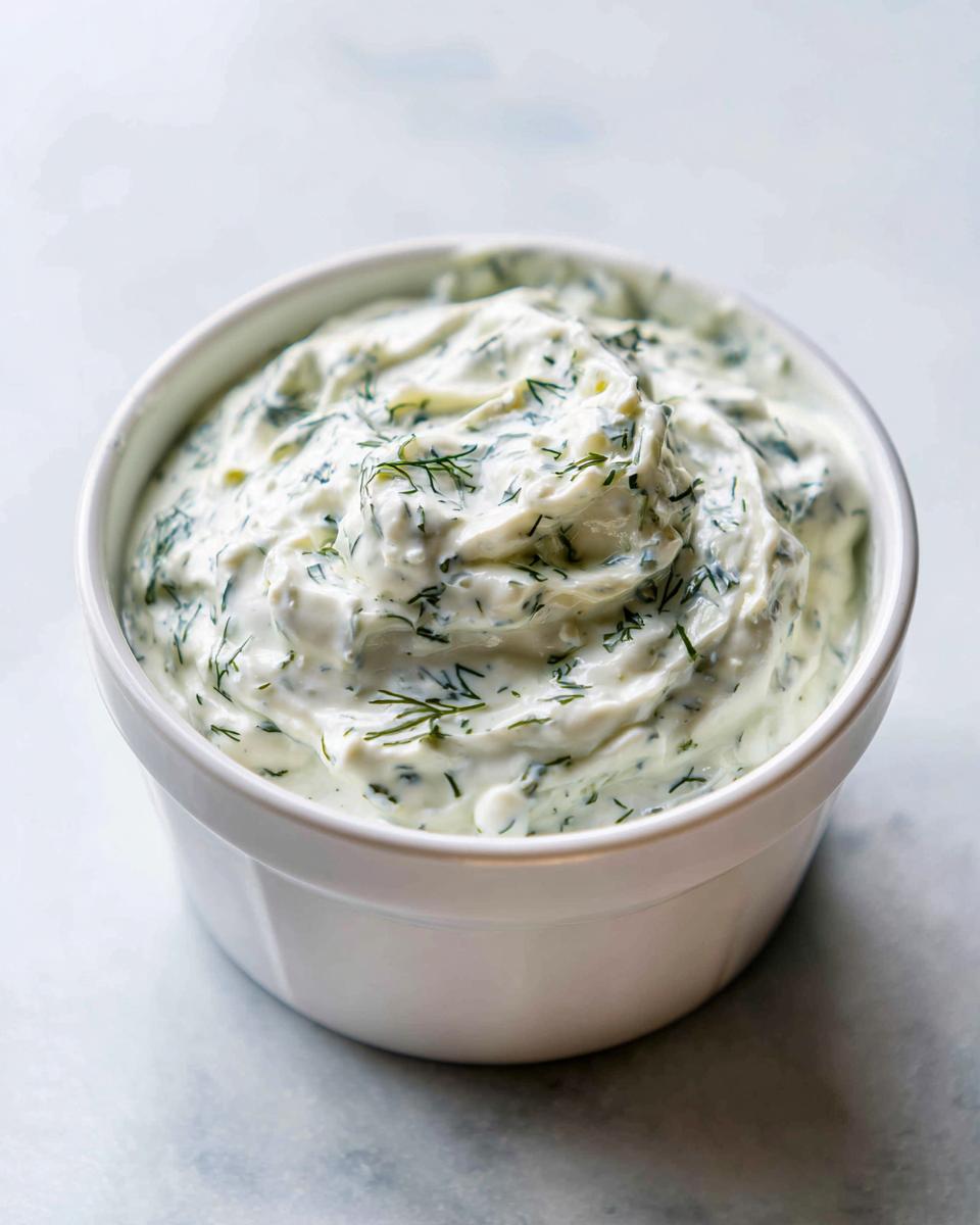 A close-up of creamy homemade tartar sauce generously mixed with fresh green dill, served in a white ramekin.