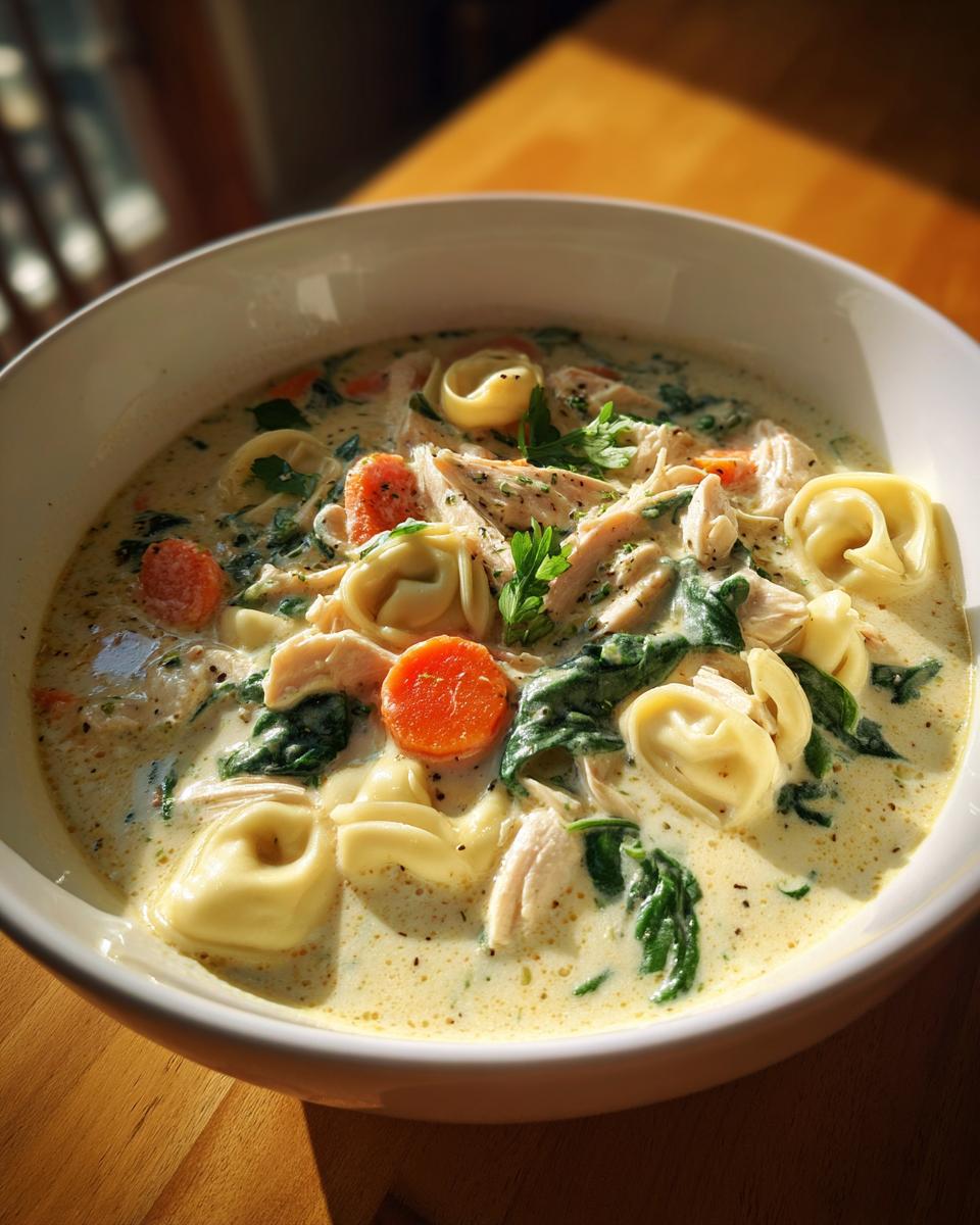 A close-up view of a white bowl filled with creamy tortellini soup, featuring tortellini, shredded chicken, carrots, and spinach.