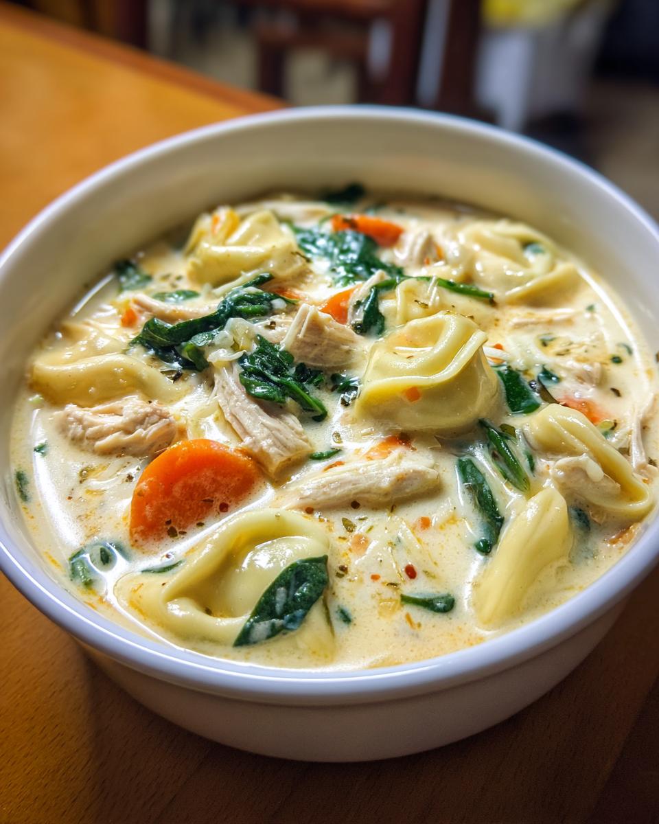 Close-up of a white bowl filled with creamy tortellini soup, featuring pasta, shredded chicken, carrots, and spinach.