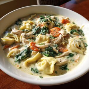 Close-up of a white bowl filled with creamy tortellini soup featuring chicken, spinach, and sliced carrots.