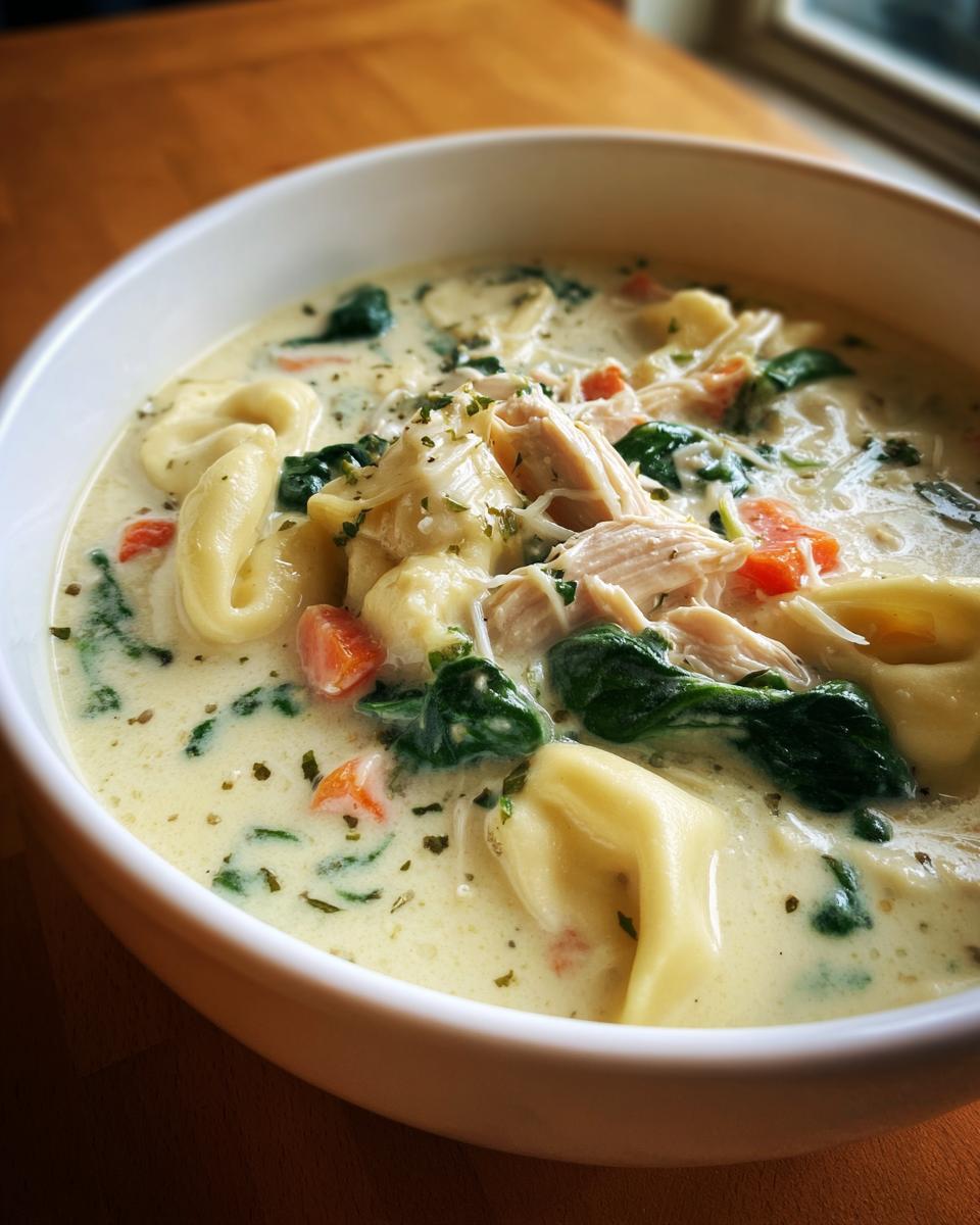 Close-up of a white bowl filled with creamy tortellini soup, featuring shredded chicken, spinach, and carrots.