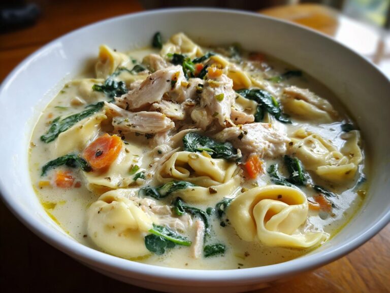 Close-up of a white bowl filled with creamy tortellini soup featuring shredded chicken, wilted spinach, and carrot pieces.