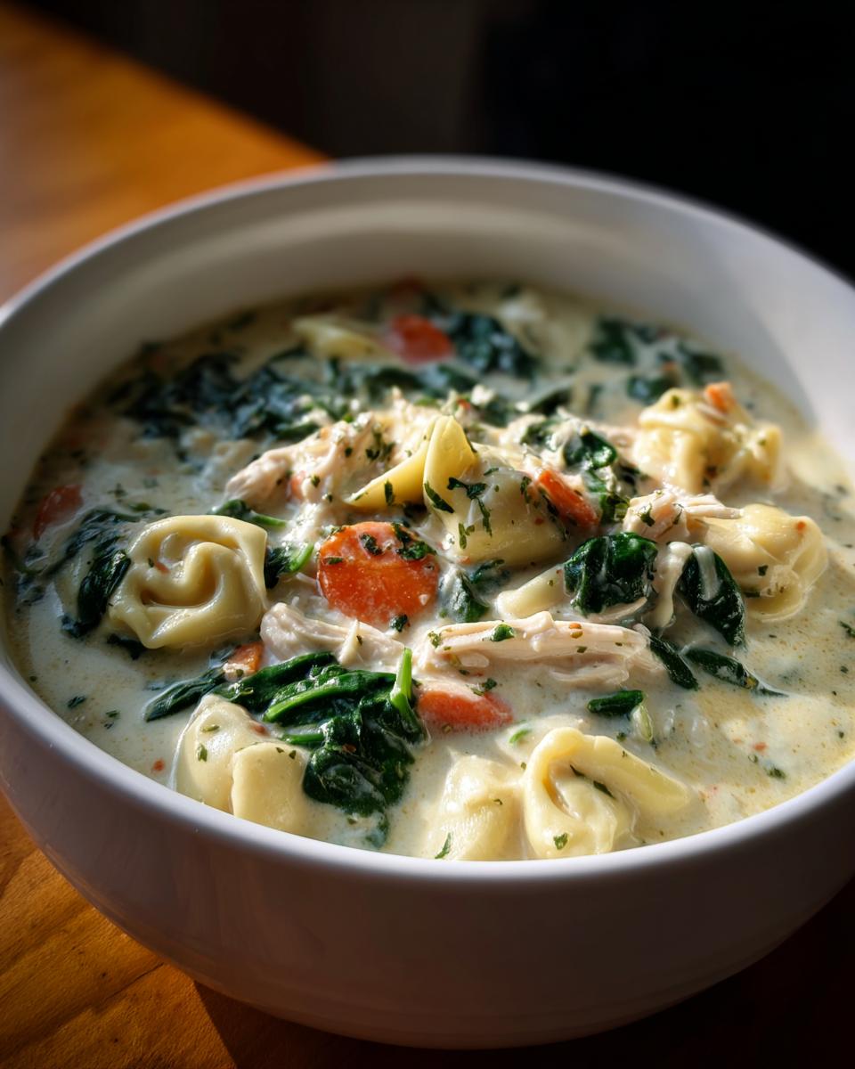 A close-up, appetizing view of creamy tortellini soup filled with cheese tortellini, bright green spinach, and sliced carrots.