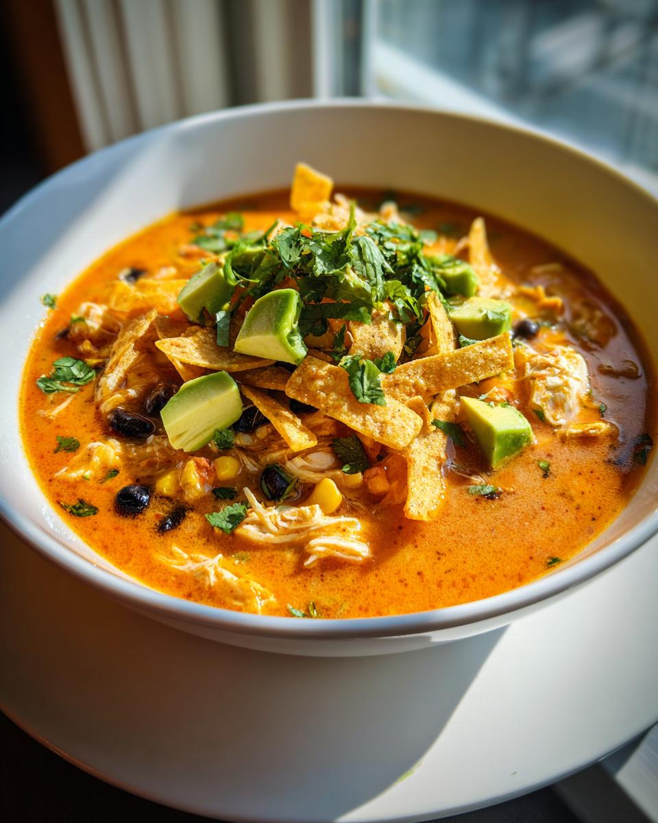 Close-up of a bowl of creamy tortilla soup recipe, garnished with avocado slices, cilantro, and tortilla strips.