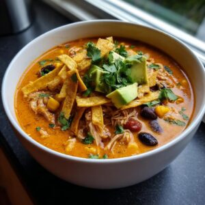 A close-up of a creamy tortilla soup recipe in a white bowl, topped with avocado slices, tortilla strips, and cilantro.