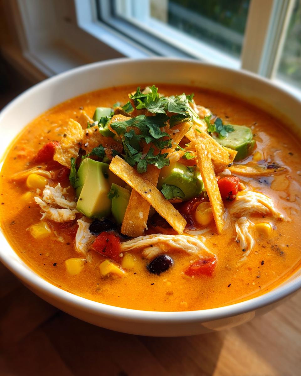 Close-up of a bowl of creamy tortilla soup recipe, topped with shredded chicken, avocado, tortilla strips, and cilantro.