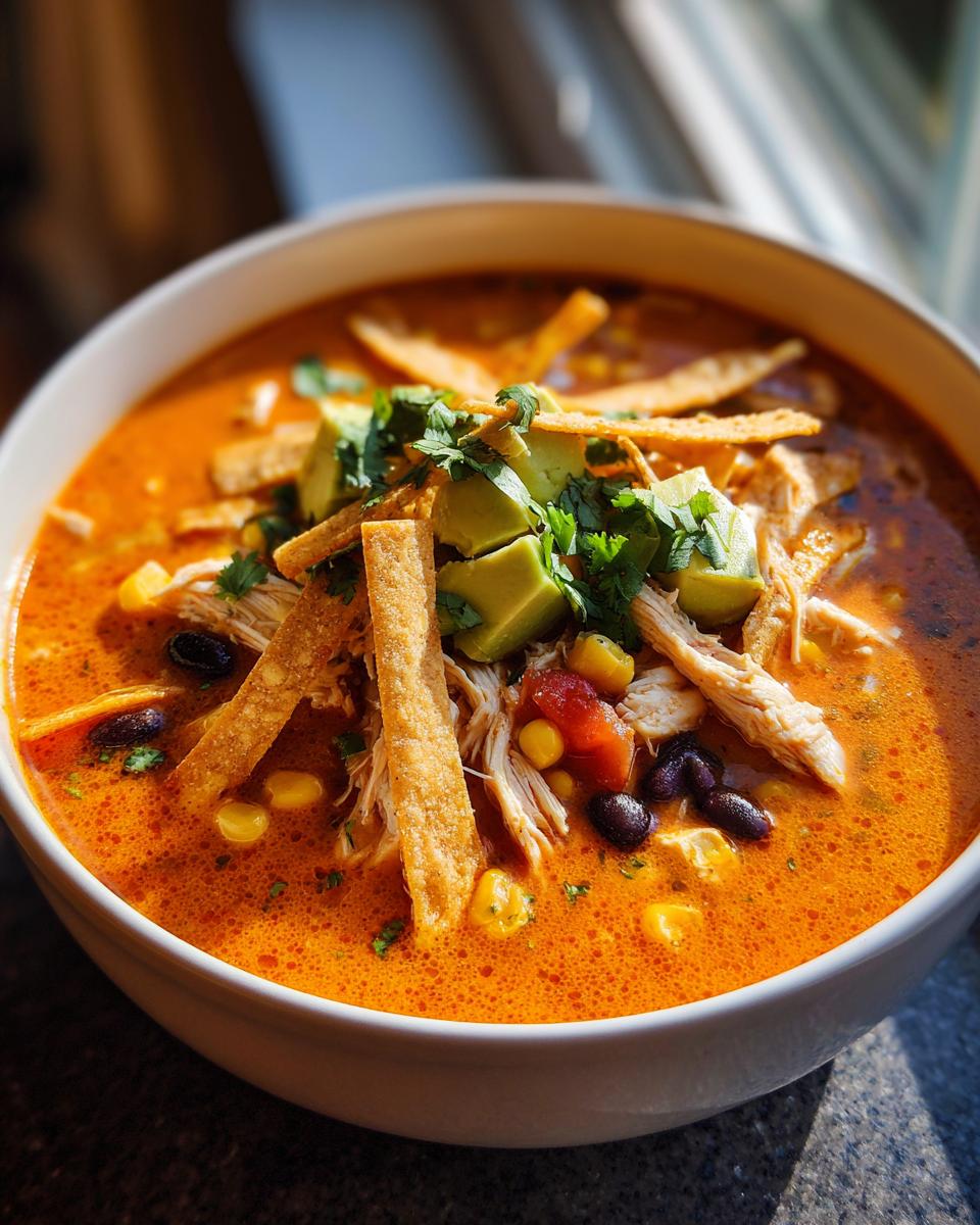 Close-up of a vibrant, creamy tortilla soup recipe topped with shredded chicken, avocado, black beans, corn, and tortilla strips.