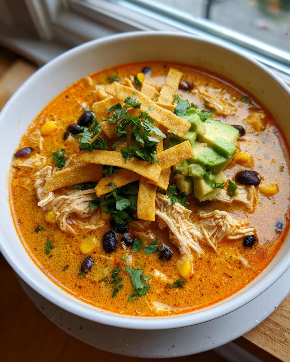 Close-up of a creamy, orange-hued tortilla soup recipe bowl topped with shredded chicken, black beans, corn, avocado, and crispy tortilla strips.