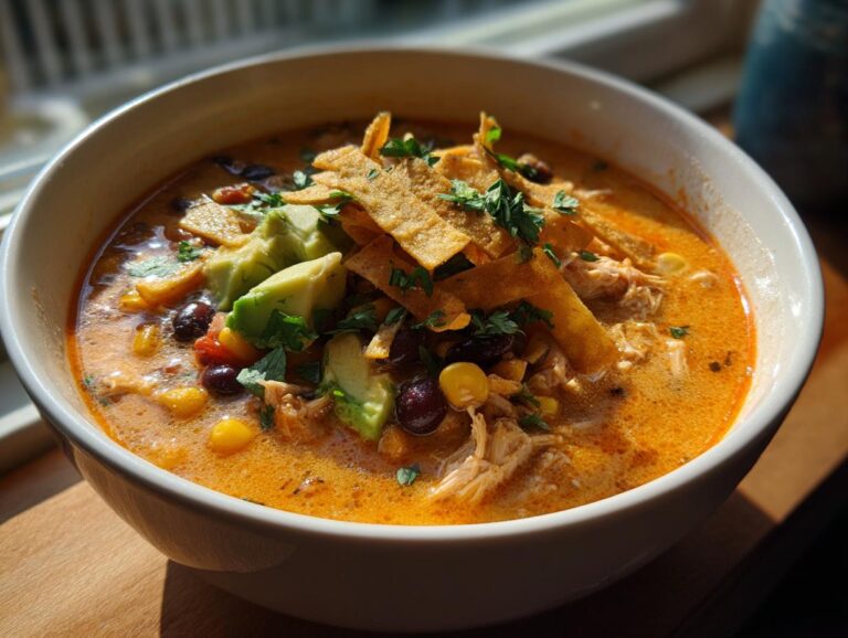 A close-up of a creamy, orange-hued tortilla soup recipe bowl, garnished with avocado, black beans, corn, and crispy tortilla strips.