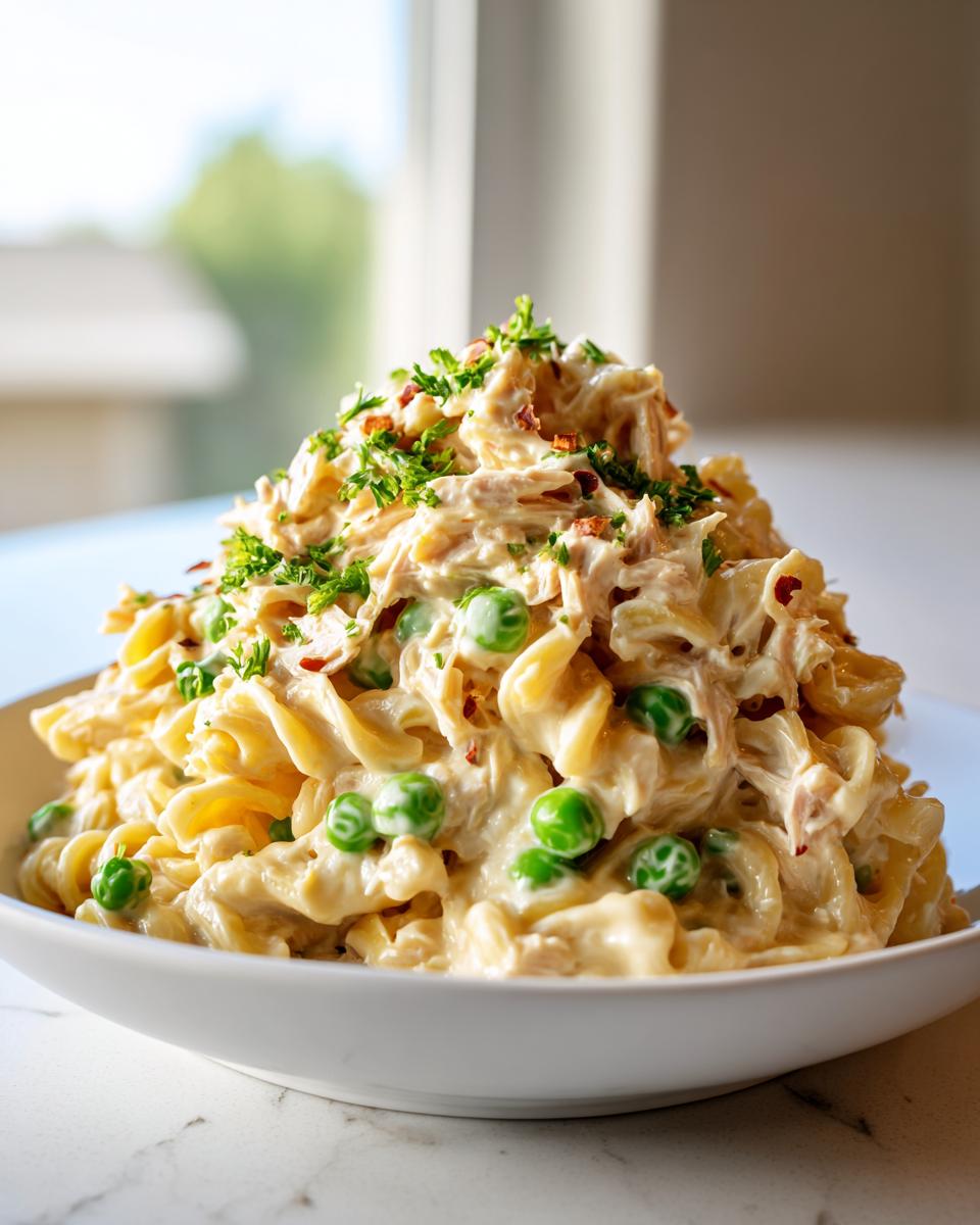 A close-up of creamy tuna pasta mixed with bright green peas, topped with parsley, served in a white bowl.