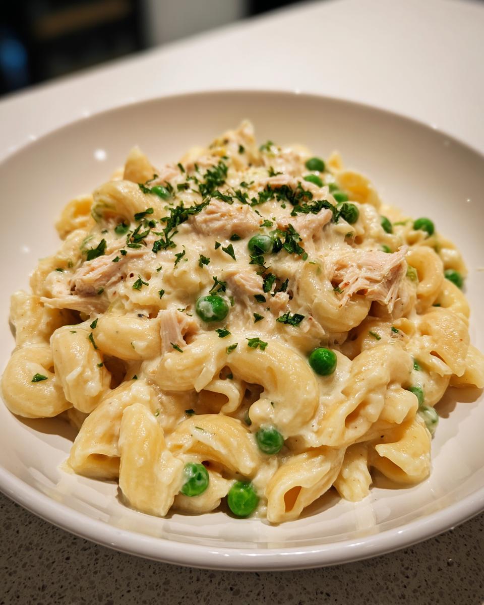 Close-up of creamy tuna pasta mixed with bright green peas, topped with fresh parsley.