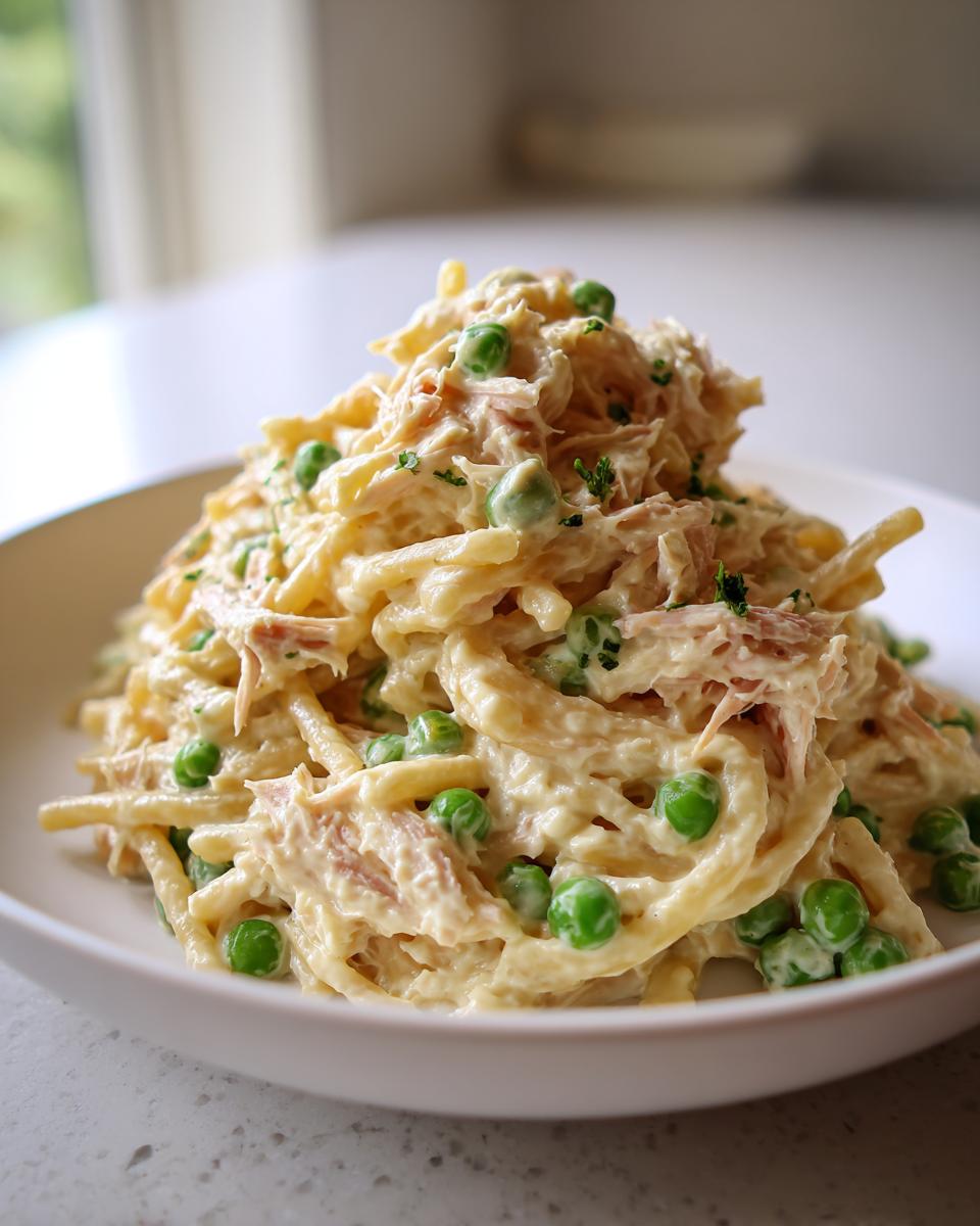 A close-up of a serving of creamy tuna pasta mixed with bright green peas, garnished with herbs.