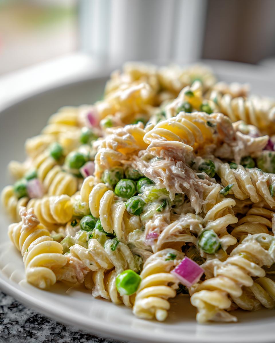 A close-up of creamy tuna pasta salad featuring rotini pasta, green peas, red onion, and flaked tuna.