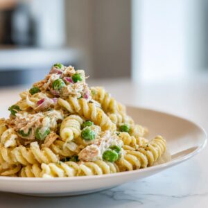 A close-up of creamy Tuna Pasta Salad featuring fusilli pasta, green peas, and diced red onion on a white plate.